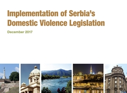 [ai] A cover page for a report titled 'Implementation of Serbia's Domestic Violence Legislation' dated December 2017, featuring images of Serbian landmarks, including a monument, a dome, a river landscape, a city skyline, and historical architecture.